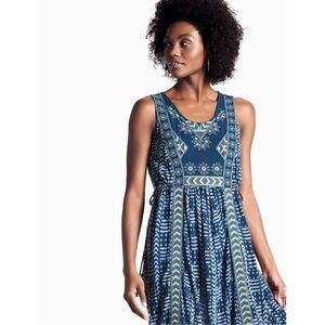 Lucky Brand Boho Midi Dress Sz 2X Indigo Embroidered Flowy